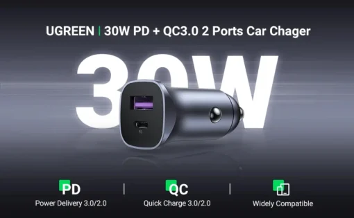 Ugreen зарядно за кола Fast Charger Car – Type-C + USB QC3.0