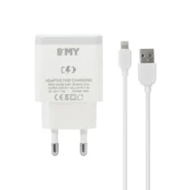 Зарядно за мобилен телефон Мрежово зарядно устройство EMY MY-A301Q Quick Charge 3.0 Lightning Кабел Бял -