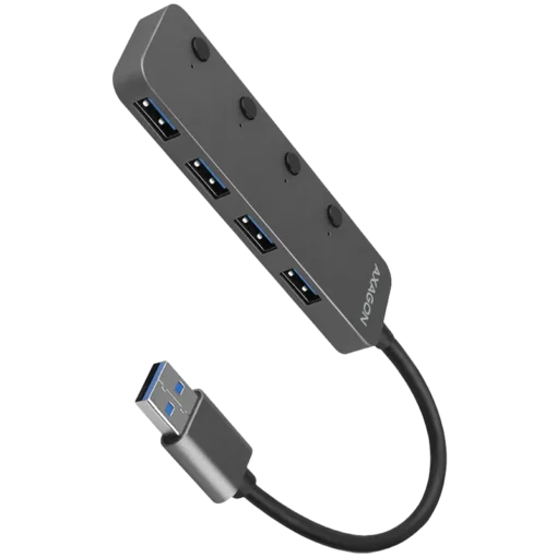 USB хъб AXAGON HUE-MSA 4x USB3.2 Gen 1 SWITCH hub metal micro USB power IN 20cm USB-A cable