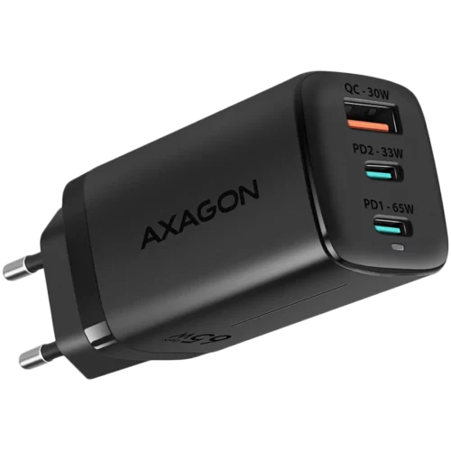 Зарядно за мобилен телефон Axagon GaN wallcharger <240V / 3x port (USB + dual USB-C) PD3.0/QC4+/PPS/Apple. 65W total