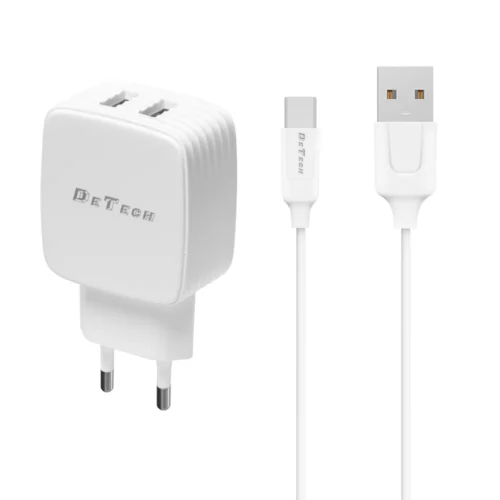 Зарядно за мобилен телефон Мрежово зарядно устройство DeTech DE-33C 5V/2.4A 220V 2 x USB С Type-C кабел 1.0m Бял -