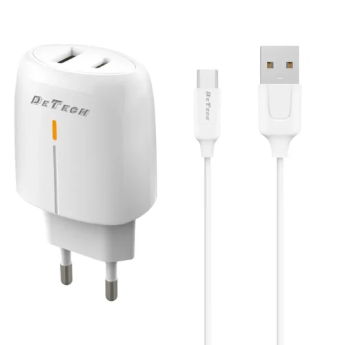 Зарядно за мобилен телефон Мрежово зарядно устройство DeTech DE-31M 20W С Micro USB кабел 1 x Type-C F 1 x USB F PD QC Бял -