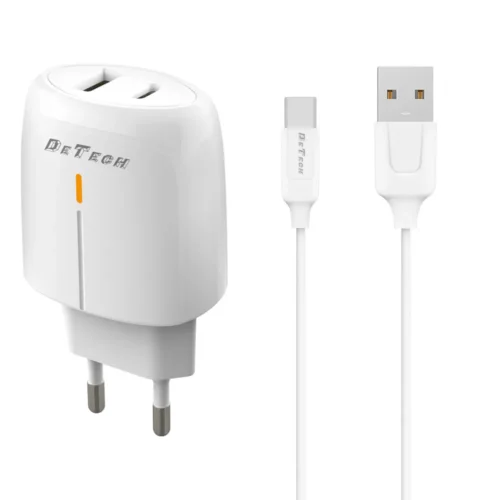 Зарядно за мобилен телефон Мрежово зарядно устройство DeTech DE-31C 20W С Type-C кабел 1 x Type-C F 1 x USB F PD QC Бял -
