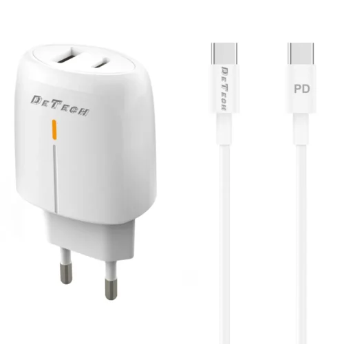 Зарядно за мобилен телефон Мрежово зарядно устройство DeTech DE-31PDC 20W С PD Type-C кабел 1 x Type-C F 1 x USB F PD QC Бял -