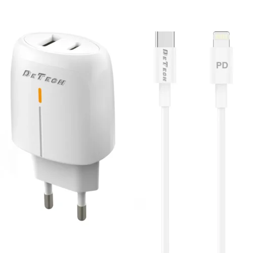 Зарядно за мобилен телефон Мрежово зарядно устройство DeTech DE-31PDL 20W С Type-C към Lightning кабел 1 x Type-C F 1 x USB F PD QC Бял -