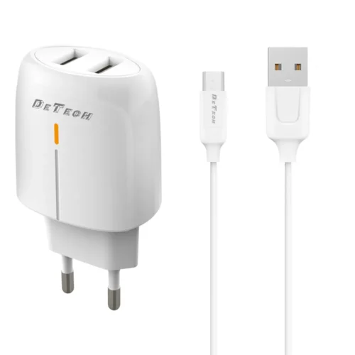 Зарядно за мобилен телефон Мрежово зарядно устройство DeTech DE-32QCM 18W С Micro USB кабел 2 x USB F QC Бял -