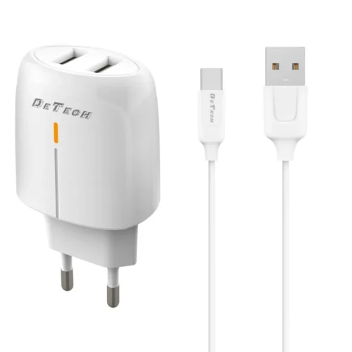 Зарядно за мобилен телефон Мрежово зарядно устройство DeTech DE-32QCC 18W С Type-C кабел 2 x USB F QC Бял -