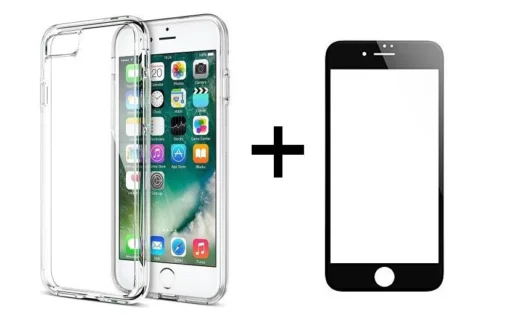 Защитни стъкла за мобилни телефони Комплект стъклен протектор с силиконови ръбове + Калъф Remax Crystal за iPhone 7 Plus Черен -