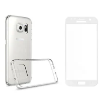 Защитни стъкла за мобилни телефони Комплект стъклен протектор със силиконови ръбове + Калъф Remax Crystal за Samsung Galaxy S7 Бял -