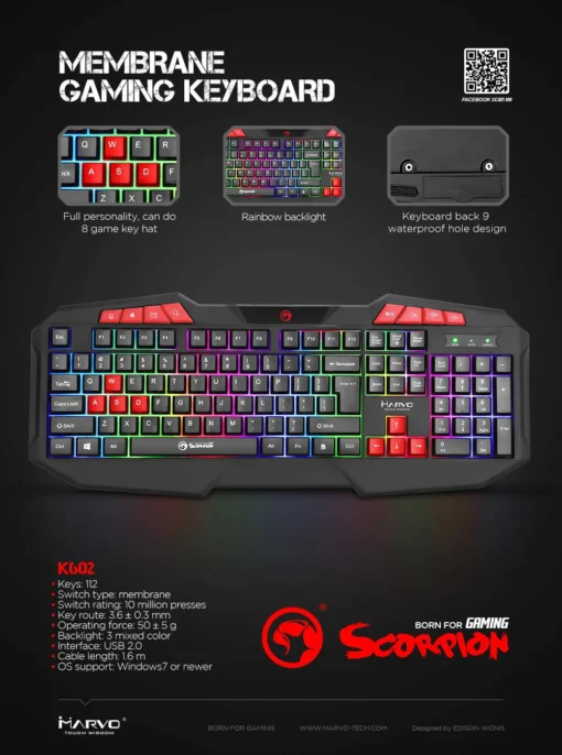 Marvo геймърска клавиатура Gaming Keyboard 112 keys – K602 – Rainbow