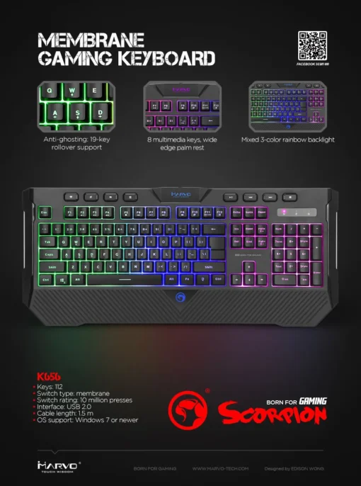 Marvo геймърска клавиатура Gaming Keyboard K656 – Wrist support