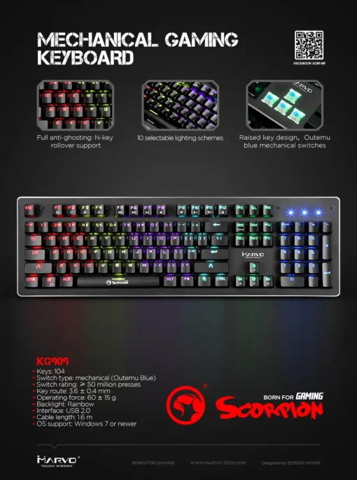 Marvo геймърска механична клавиатура Gaming Keyboard Mechanical KG909 – 104 keys