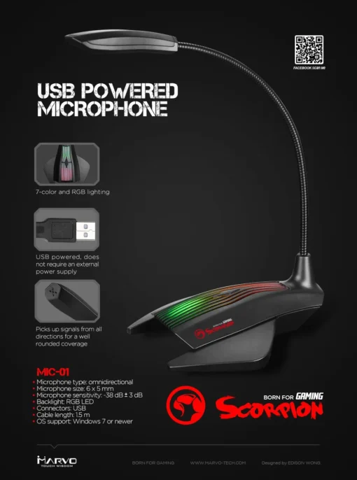 Marvo геймърски микрофон Gaming Microphone RGB USB –