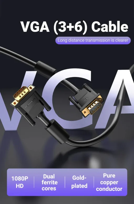 Vention Кабел за монитор Cable VGA HD15 M / M 2.0m Gold Plated