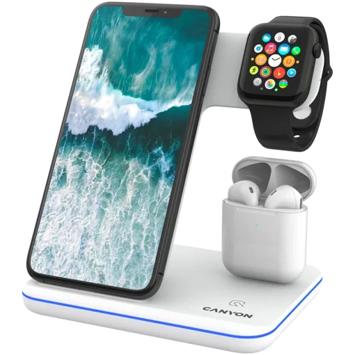 Зарядно за мобилен телефон CANYON WS-302 3in1 Wireless charger with touch button for Running water light Input 9V/2A 12V