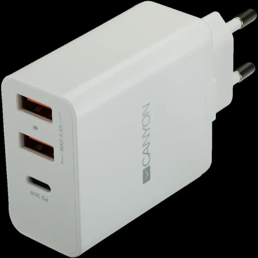 Зарядно за мобилен телефон CANYON charger H-08 PD 30W USB-C 2USB-A White