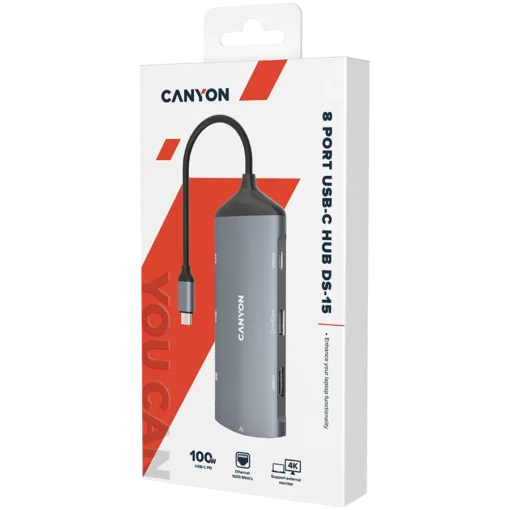 USB хъб CANYON hub DS-15 8in1 4k USB-C Dark Grey
