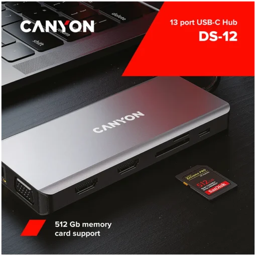 USB хъб CANYON hub DS-12 13in1 4k USB-C Dark Grey