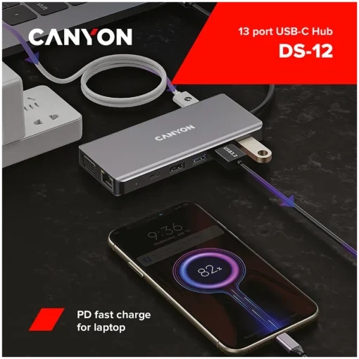 USB хъб CANYON hub DS-12 13in1 4k USB-C Dark Grey