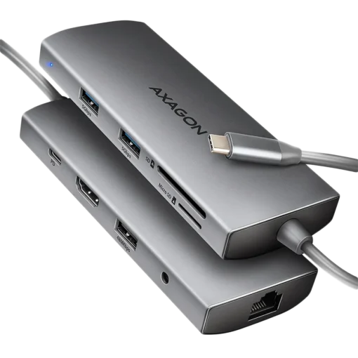 USB хъб AXAGON HMC-8HLSA USB-C 3.2 Gen 1 hub 3x USB-A + 4K/30Hz HDMI + SD/microSD GLAN Audio PD 100W 20cm USB-C