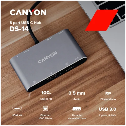 USB хъб CANYON hub DS-14 8in1 4k USB-C Dark Grey