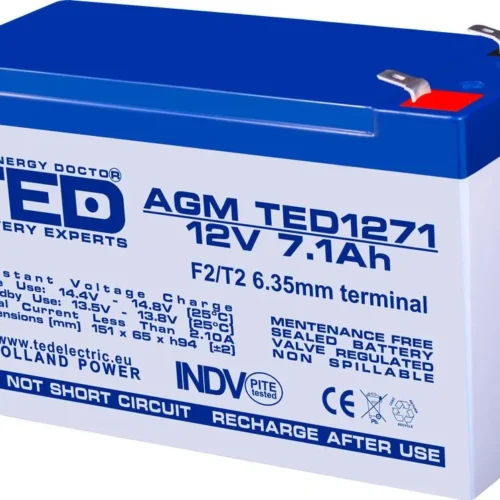 Оловна батерия TED ELECTRIC AGM 12V 7Ah 151/ 65/ 94 mm Терминал2