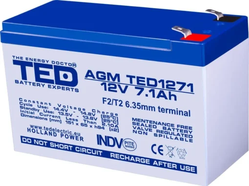 Оловна батерия TED ELECTRIC AGM 12V 7Ah 151/ 65/ 94 mm Терминал2