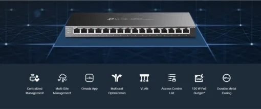 16-портов комутатор TP-Link TL-SG2016P JetStream Gigabit Smart с 8 PoE+