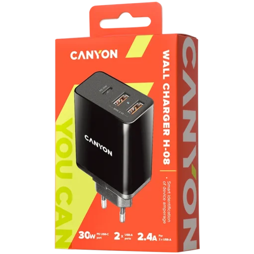 Зарядно за мобилен телефон CANYON charger H-08 PD 30W USB-C 2USB-A