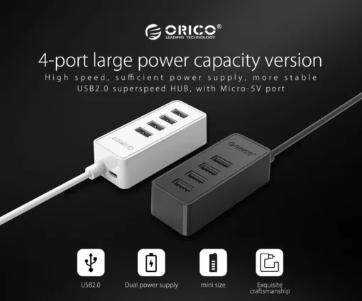 Orico хъб USB2.0 HUB 4 port – USB/Micro USB input