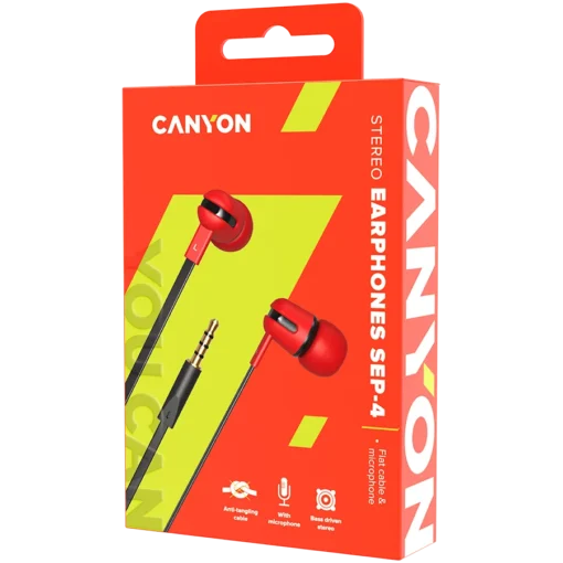 Слушалки CANYON headphones SEP-4 Mic Flat 1.2m Red