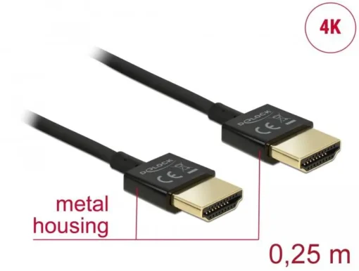 Кабел Delock HDMI-A мъжко - HDMI-A мъжко, Ethernet, 3D, 4K, 0.25 м, Черен - Image 2