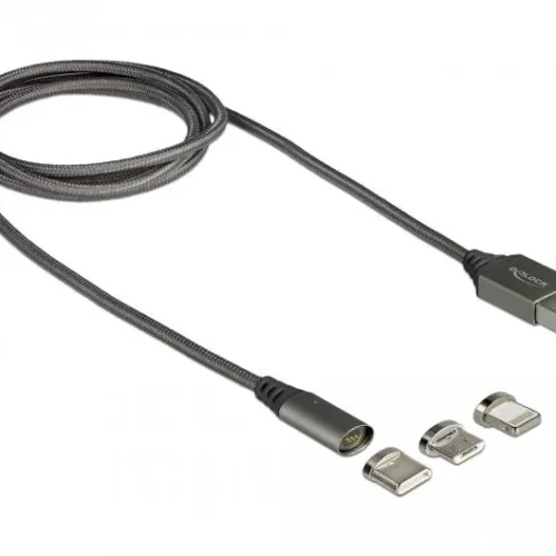 Кабел за зареждане Delock  3 в 1 USB-A мъжко - 8 Pin / Micro USB / USB Type-C 1м