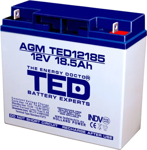 Оловна батерия TED ELECTRIC 12V 18.5Ah 181/ 76/ 167 mm AGM