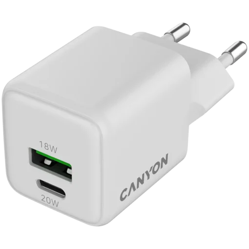 Зарядно за мобилен телефон CANYON charger CU20AC GaN 20W 1xPD 1xQC EU