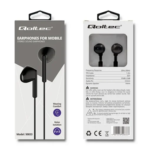 Qoltec In-ear headphones + microphone, black - Image 3