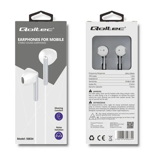 Qoltec In-ear headphone + microphone, white - Image 3