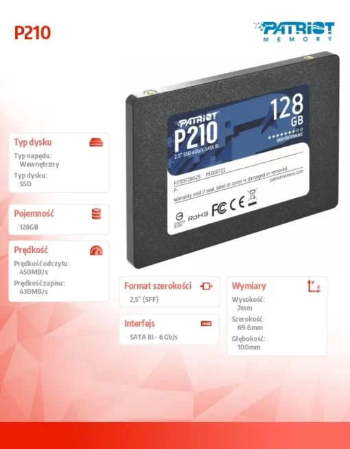 Patriot SSD 128GB P210 450/430 MB/s SATA III 2.5 - Image 2