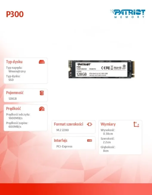 Patriot SSD 128GB P300 M.2 PCIe 2280 1600/600 - Image 2