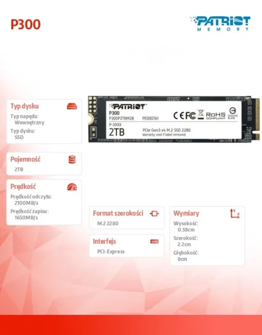 Patriot SSD 2TB P300 M.2 PCIe 2280 2100/1650 - Image 2