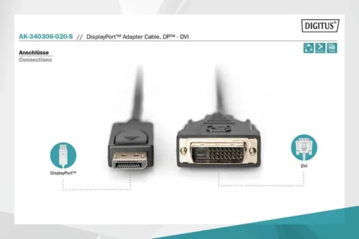 Digitus DisplayPort кабел with snap 1080p 60Hz FHD Type DP / DVI-D (24 + 1) M / M 2m - Image 3