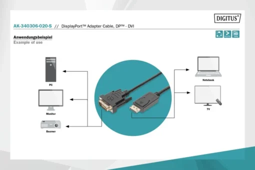 Digitus DisplayPort кабел with snap 1080p 60Hz FHD Type DP / DVI-D (24 + 1) M / M 2m - Image 4