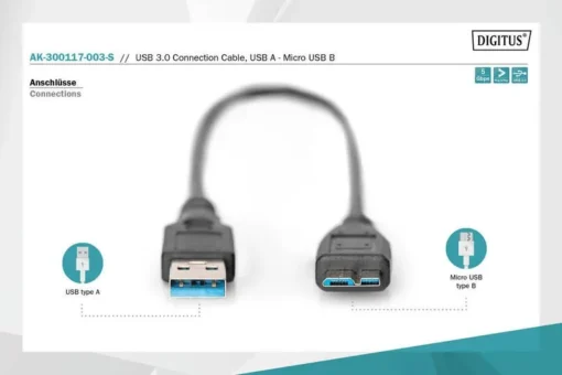 Digitus USB3.0 Cable 0,25m USB A/microUSB B M/M Black 0,25m - Image 3