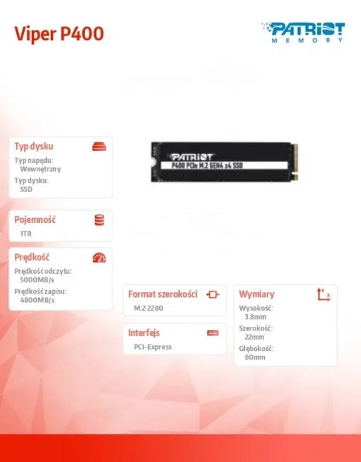 Patriot SSD drive 1TB Viper P400 5000/4800 MB/s M.2 Gen4 x4 NVMe 1.3 - Image 2