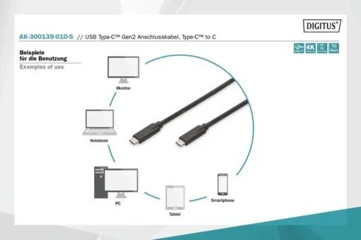 Digitus Connection Cable USB 3.1 Gen.2 SuperSpeed + 10Gbps USB Type C / USB C M / M, Power Delivery, black 1m - Image 4