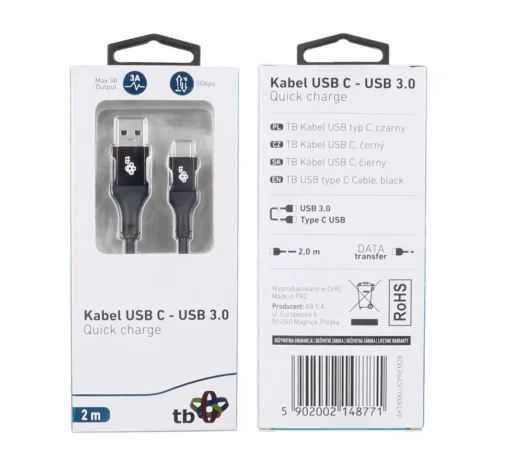 TB Cable USB 3.0-USB C 2m PREMIUM 3A black TPE