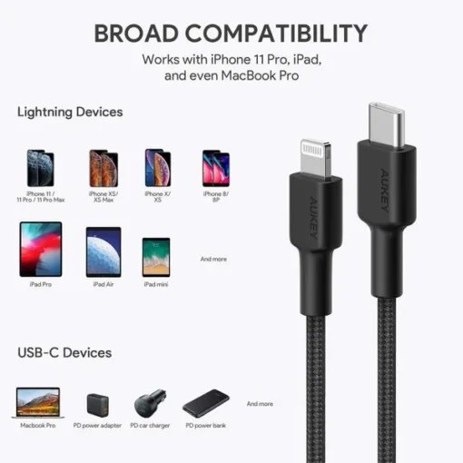 AUKEY Cable CB-CL03 Black nylon Lightning-USB C | 2m | USB Power Delivery USB-PD | certificate MFi Apple - Image 5