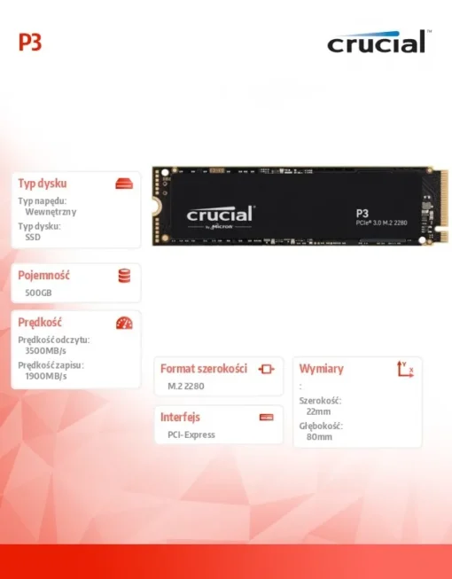 Crucial SSD drive P3 500GB M.2 NVMe 2280 PCIe 3.0 3500/1900 - Image 3