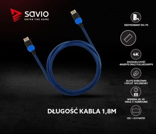 Savio Cable HDMI GCL-02 1.8m, v2.0, braid blue - Image 2