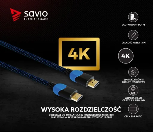 Savio Cable HDMI GCL-02 1.8m, v2.0, braid blue - Image 4